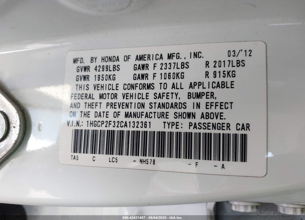 2012 HONDA ACCORD VIN: 1HGCP2F32CA132361