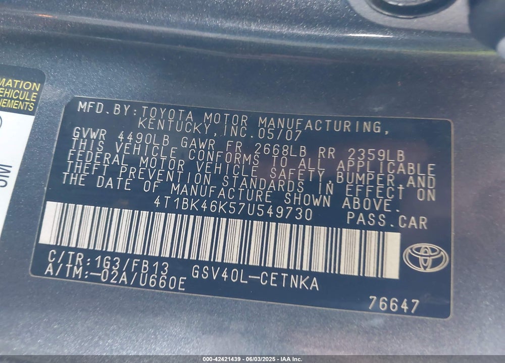 2007 TOYOTA CAMRY VIN: 4T1BK46K57U549730