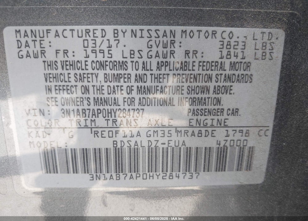 2017 NISSAN SENTRA SV VIN: 3N1AB7AP0HY284737