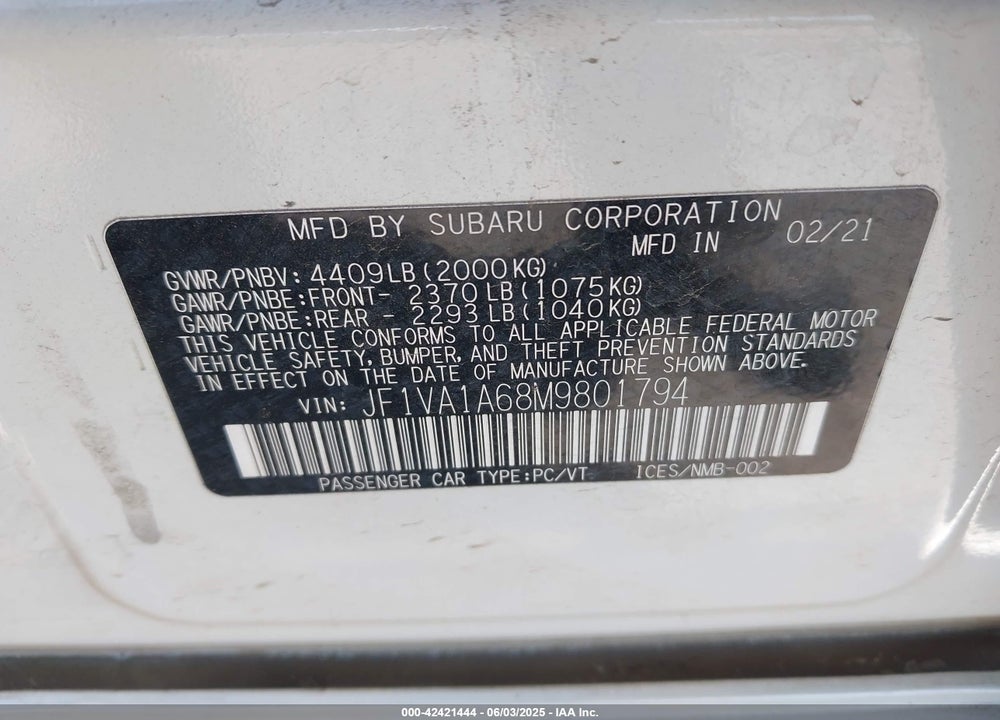 2021 SUBARU WRX VIN: JF1VA1A68M9801794