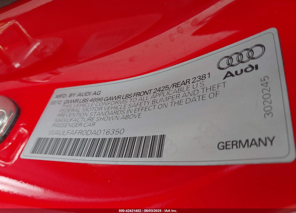 2013 AUDI A5 VIN: WAULFAFR0DA016350