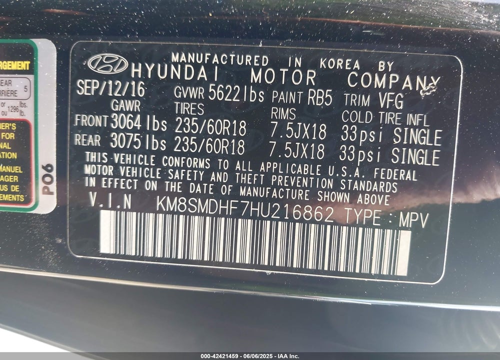 2017 HYUNDAI SANTA FE VIN: KM8SMDHF7HU216862