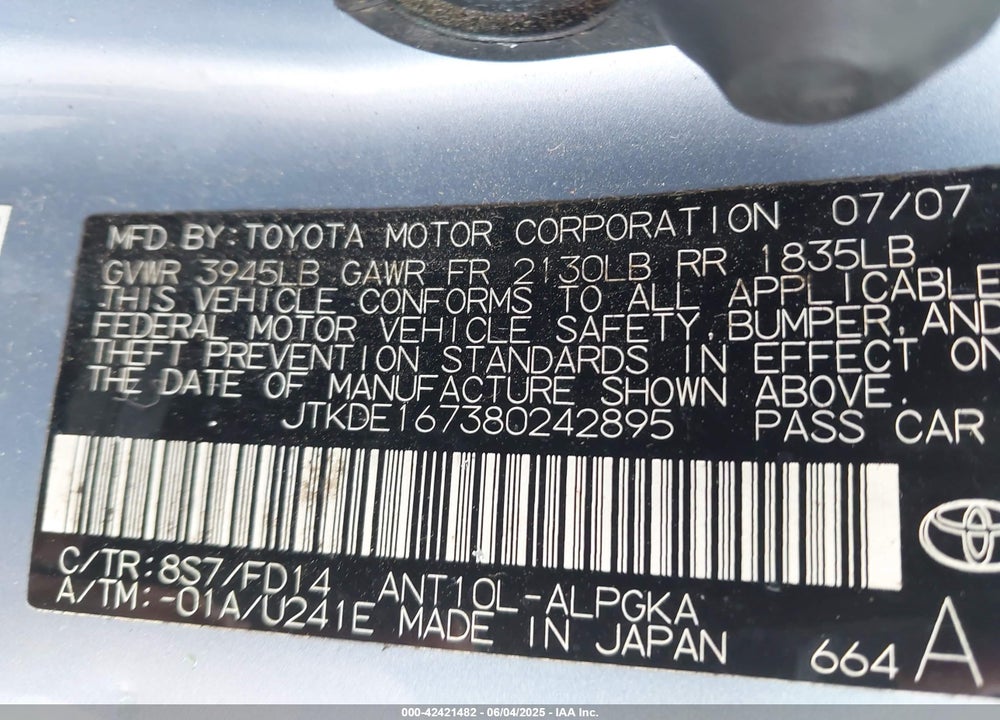 2008 SCION TC VIN: JTKDE167380242895