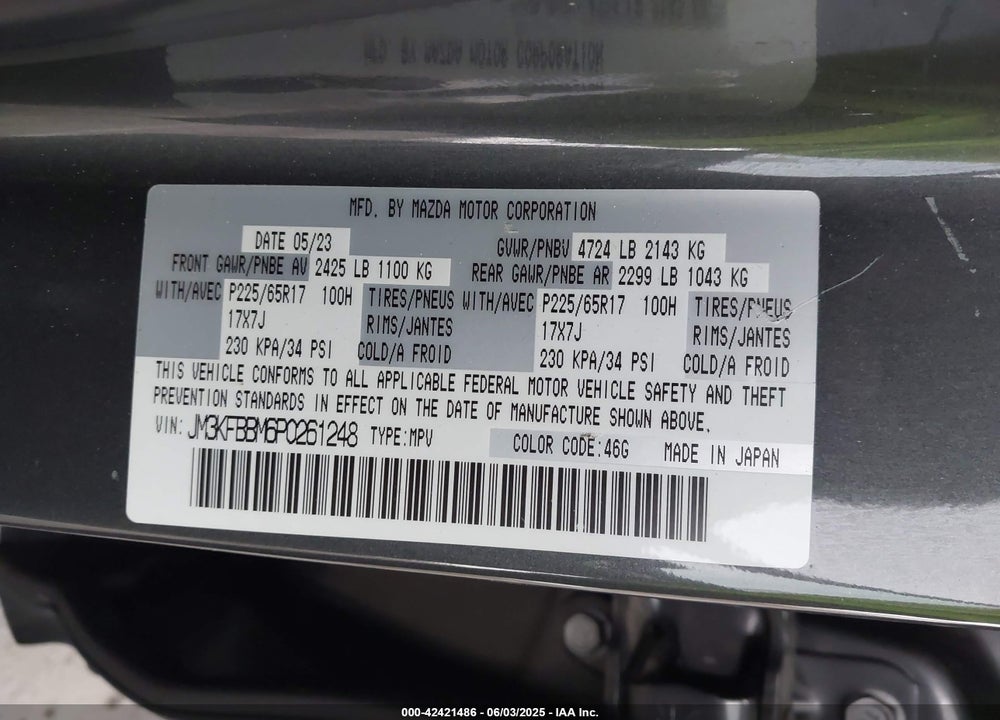 2023 MAZDA CX-5 VIN: JM3KFBBM6P0261248
