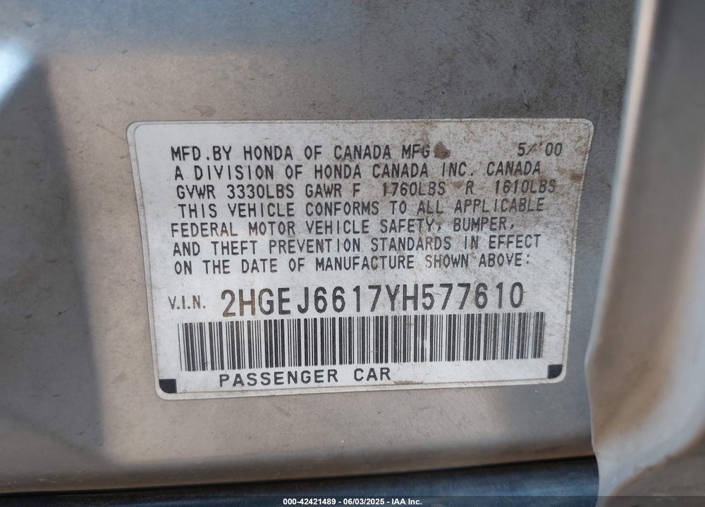 2000 HONDA CIVIC VALUE PACKAGE VIN: 2HGEJ6617YH577610