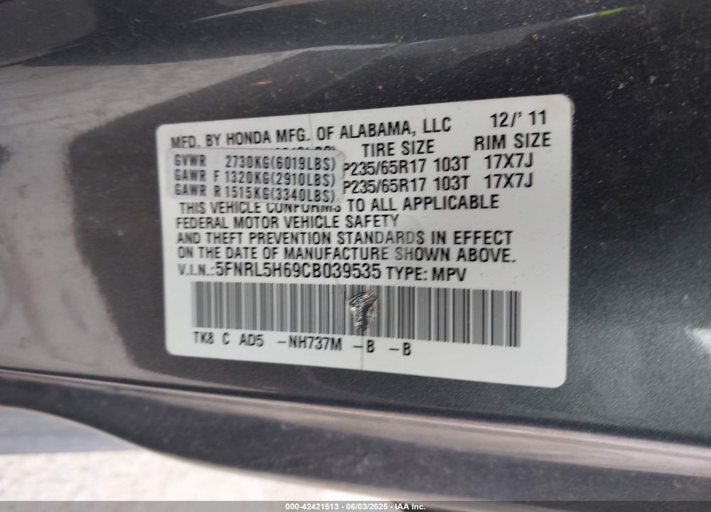 2012 HONDA ODYSSEY EX-L VIN: 5FNRL5H69CB039535