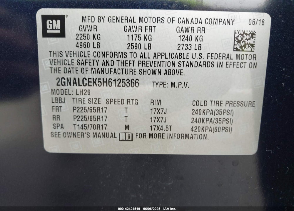 2017 CHEVROLET EQUINOX LT VIN: 2GNALCEK5H6125366