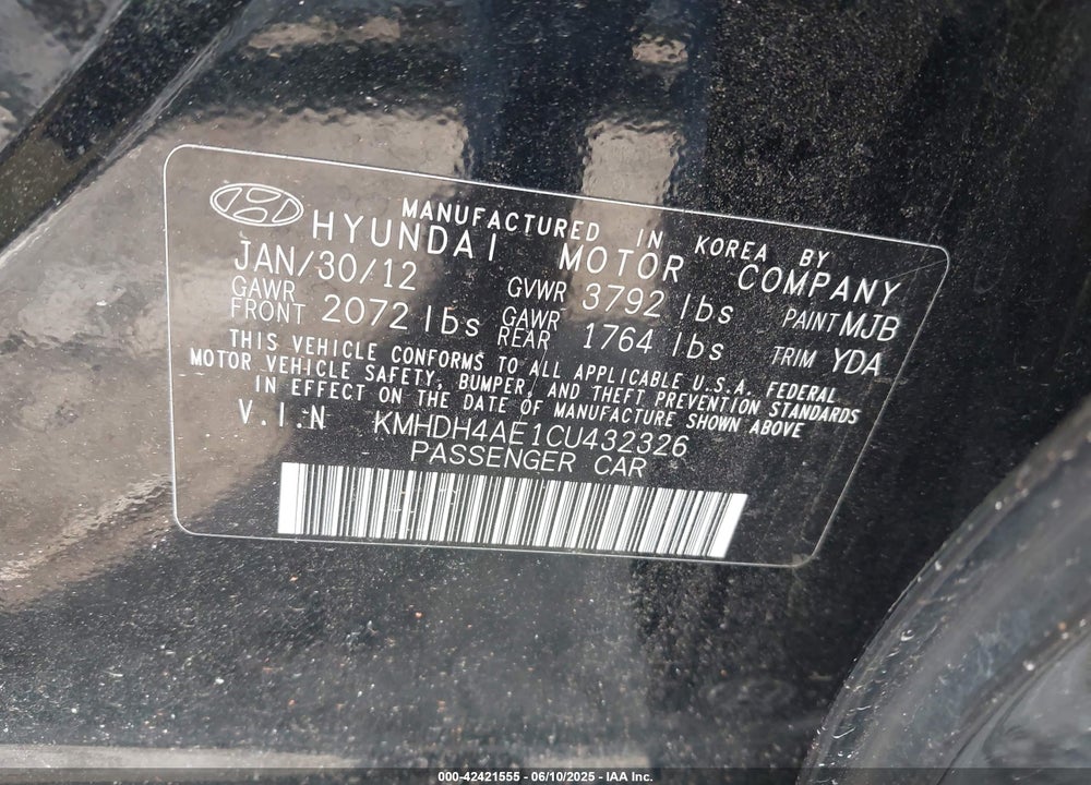 2012 HYUNDAI ELANTRA VIN: KMHDH4AE1CU432326