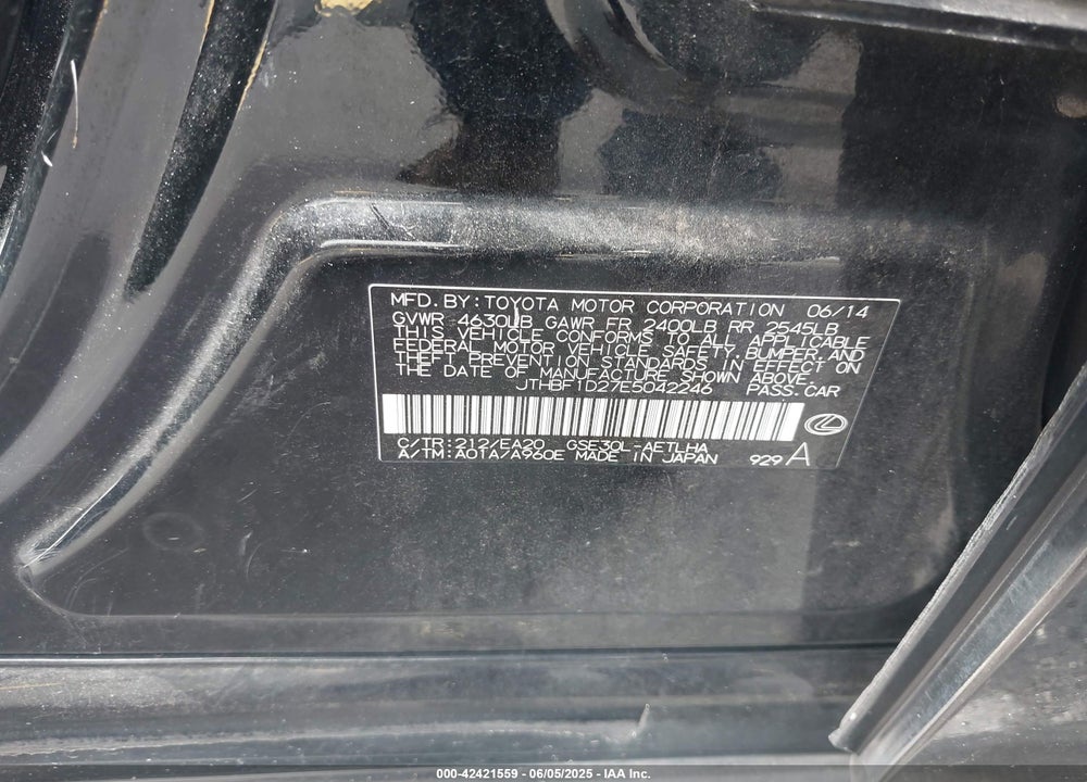 2014 LEXUS IS 250 VIN: JTHBF1D27E5042246