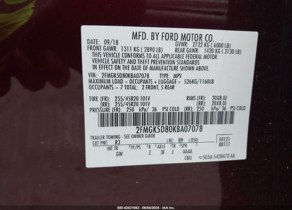 2019 FORD FLEX VIN: 2FMGK5D80KBA07078