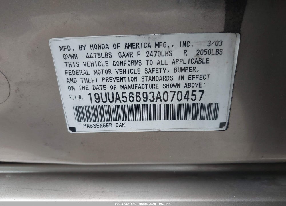 2003 ACURA TL 3.2 VIN: 19UUA56693A070457