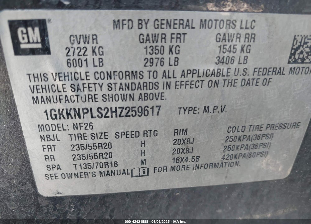 2017 GMC ACADIA DENALI VIN: 1GKKNPLS2HZ259617