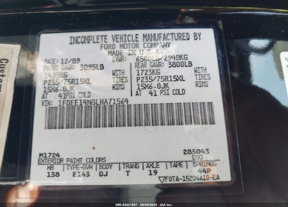1990 FORD ECONOLINE E150 VAN VIN: 1FDEE14N8LHA71564