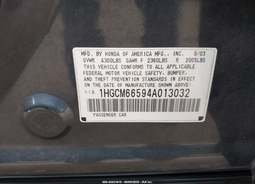 2004 HONDA ACCORD 3.0 EX VIN: 1HGCM66594A013032