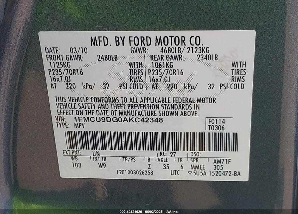 2010 FORD ESCAPE XLT VIN: 1FMCU9DG0AKC42348