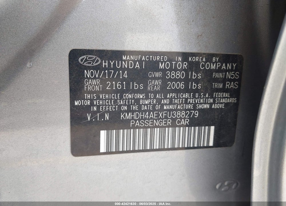 2015 HYUNDAI ELANTRA SE VIN: KMHDH4AEXFU388279