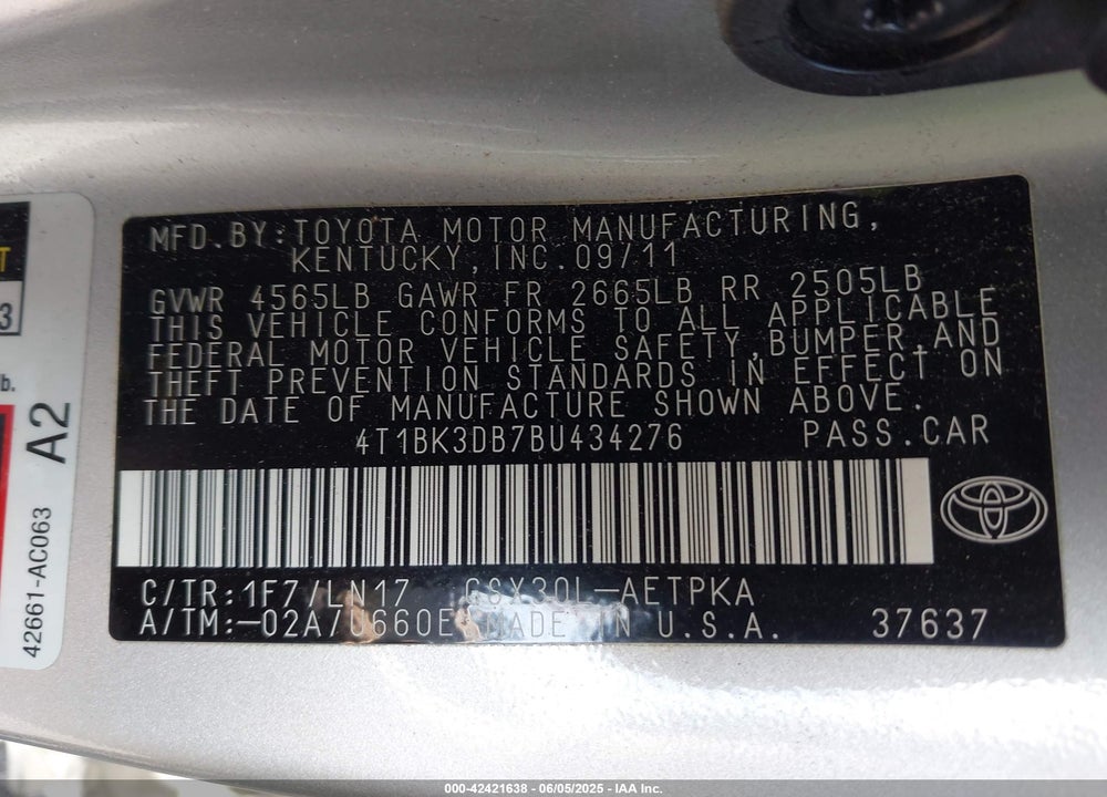 2011 TOYOTA AVALON VIN: 4T1BK3DB7BU434276