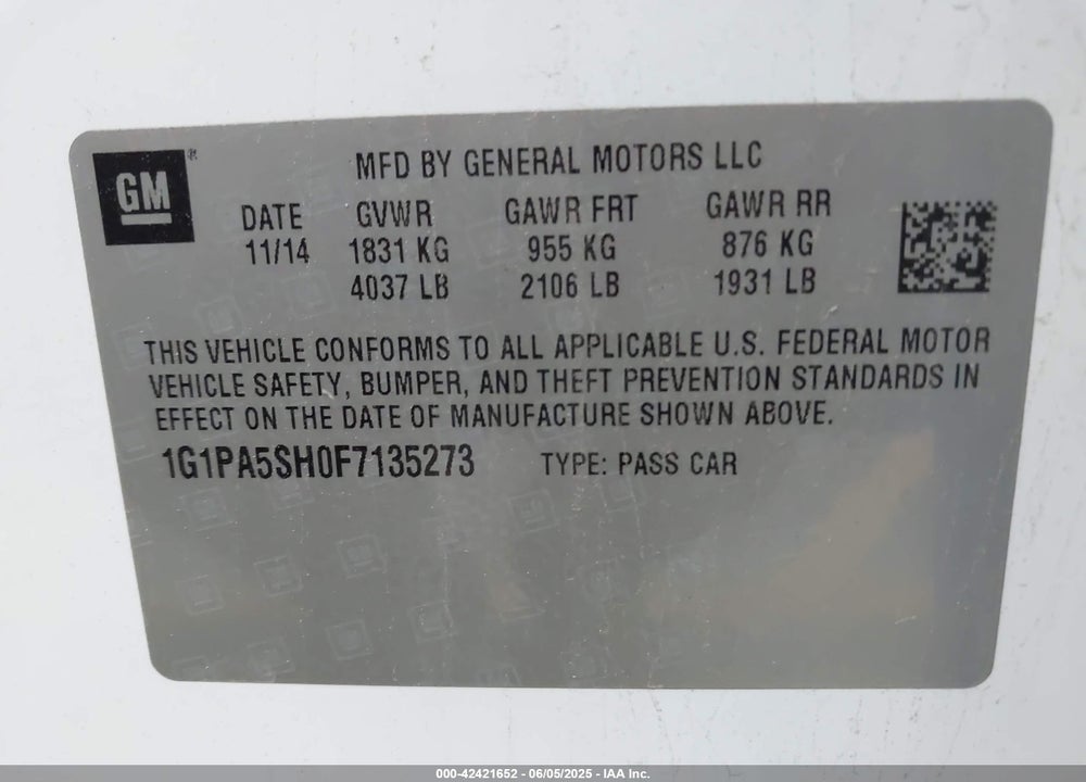 2015 CHEVROLET CRUZE VIN: 1G1PA5SH0F7135273