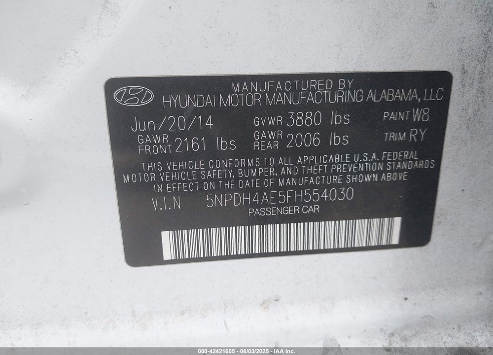 2015 HYUNDAI ELANTRA VIN: 5NPDH4AE5FH554030