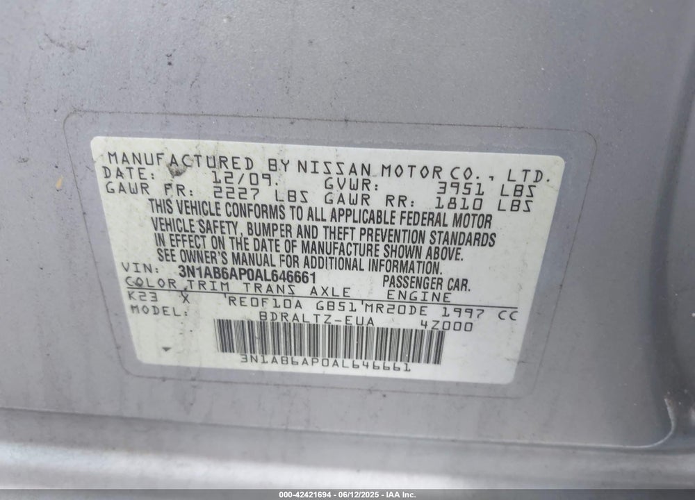 2010 NISSAN SENTRA 2.0S VIN: 3N1AB6AP0AL646661