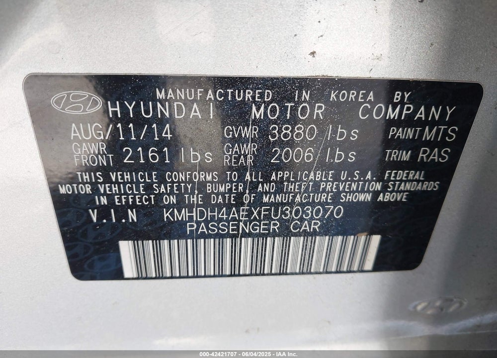 2015 HYUNDAI ELANTRA VIN: KMHDH4AEXFU303070