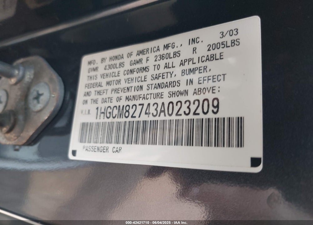 2003 HONDA ACCORD 3.0 EX VIN: 1HGCM82743A023209