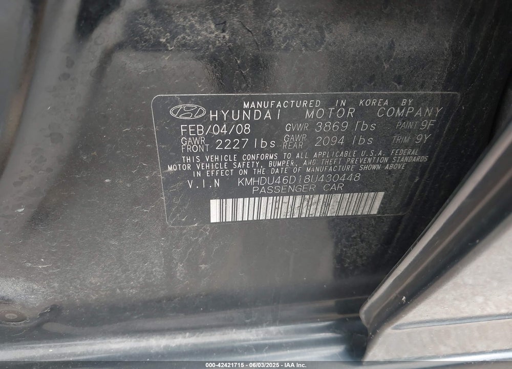 2008 HYUNDAI ELANTRA GLS/SE VIN: KMHDU46D18U430448