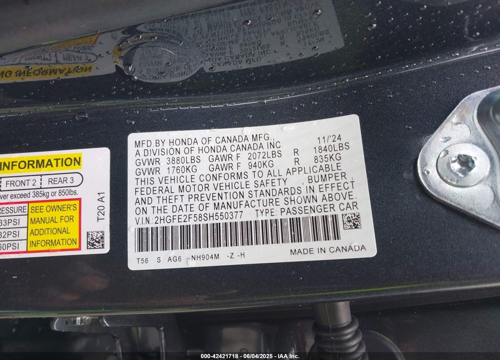 2025 HONDA CIVIC VIN: 2HGFE2F58SH550377