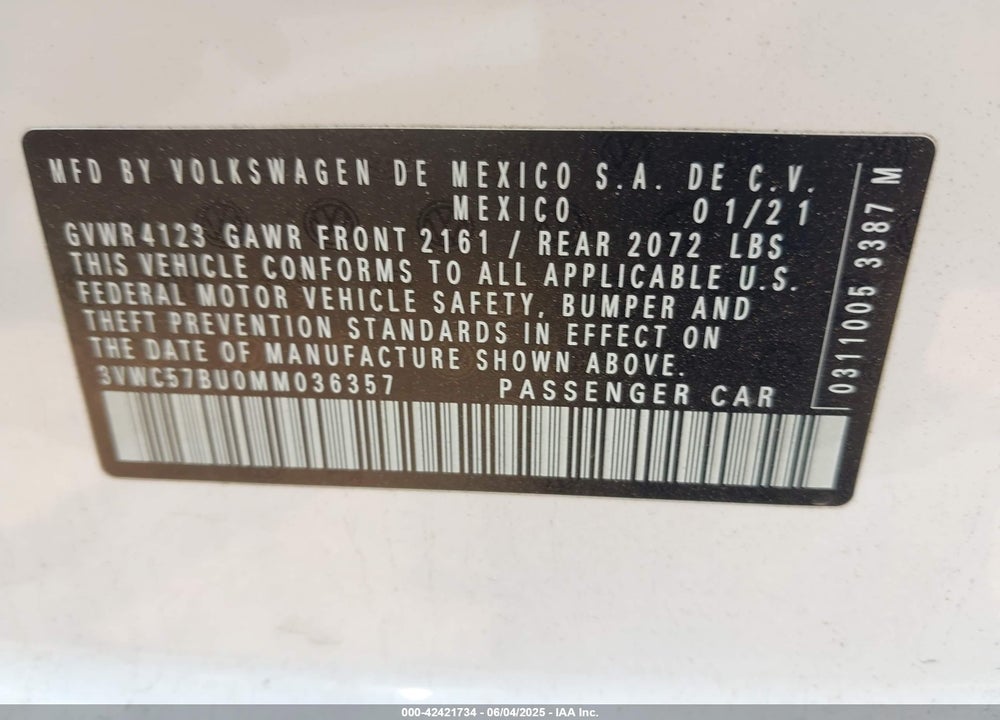 2021 VOLKSWAGEN JETTA VIN: 3VWC57BU0MM036357