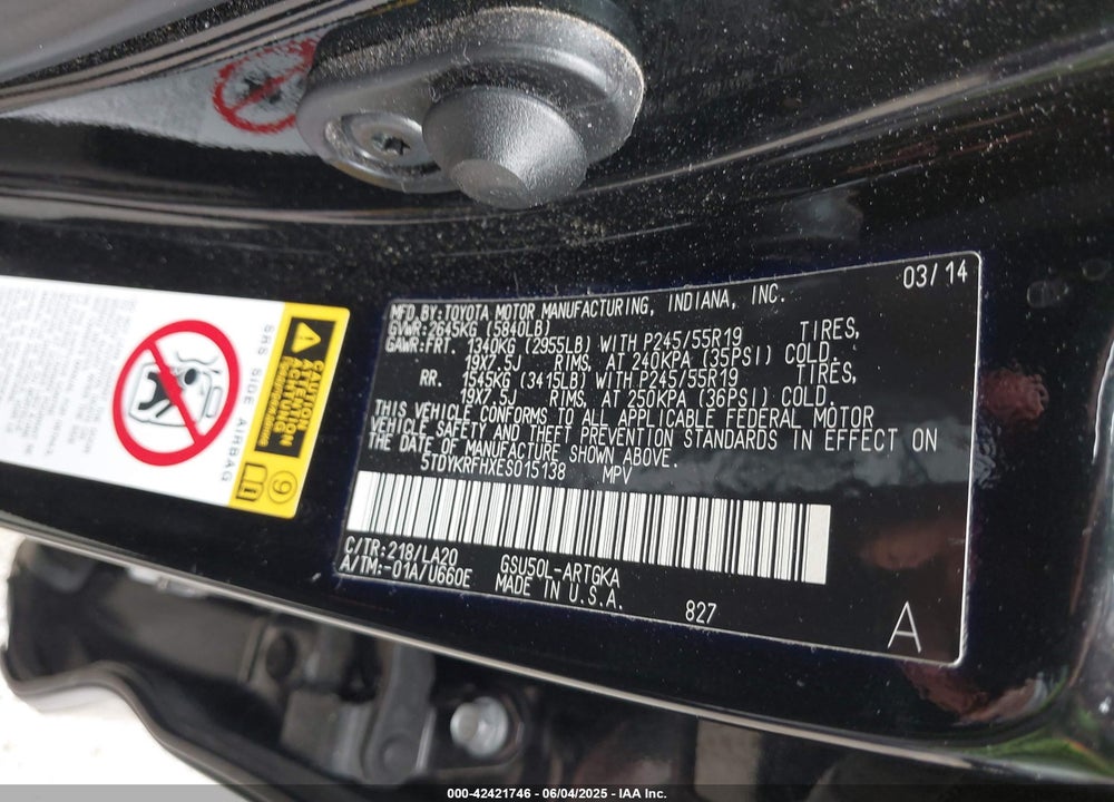 2014 TOYOTA HIGHLANDER VIN: 5TDYKRFHXES015138