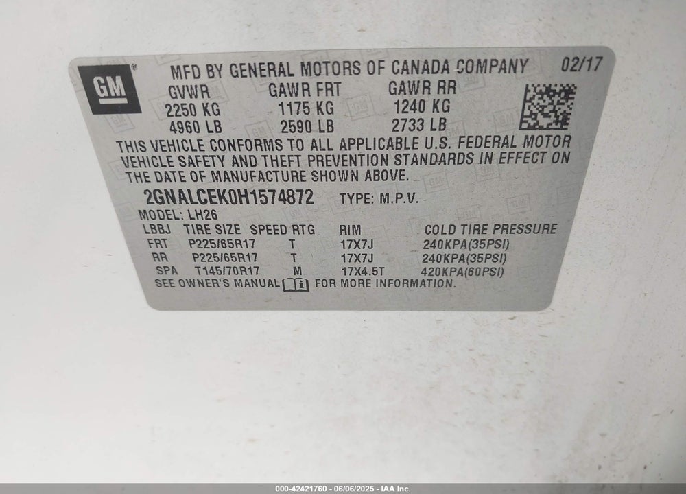 2017 CHEVROLET EQUINOX VIN: 2GNALCEK0H1574872