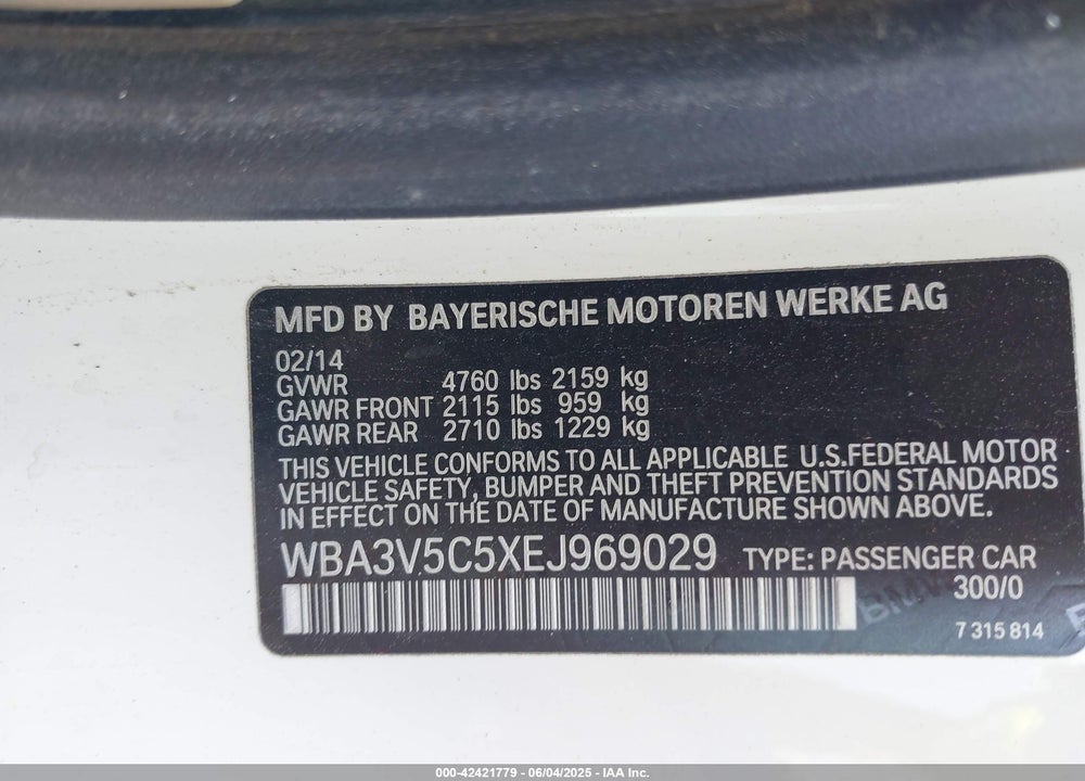 2014 BMW 428 VIN: WBA3V5C5XEJ969029