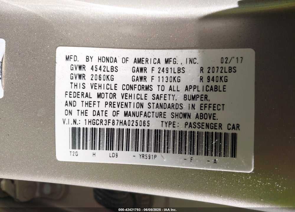 2017 HONDA ACCORD VIN: 1HGCR3F87HA025065
