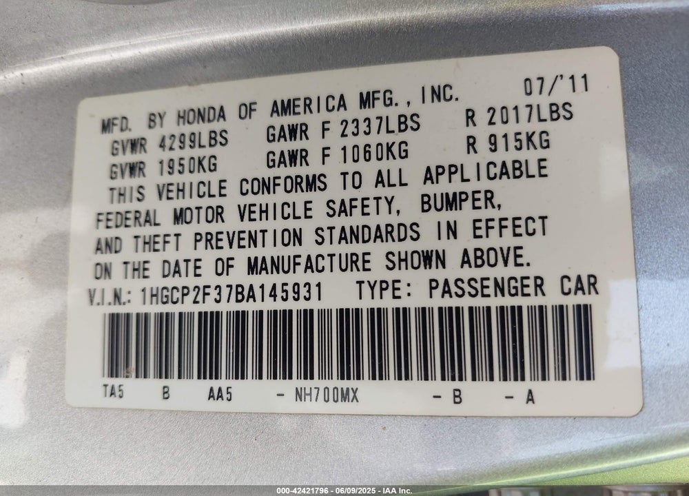 2011 HONDA ACCORD 2.4 LX VIN: 1HGCP2F37BA145931
