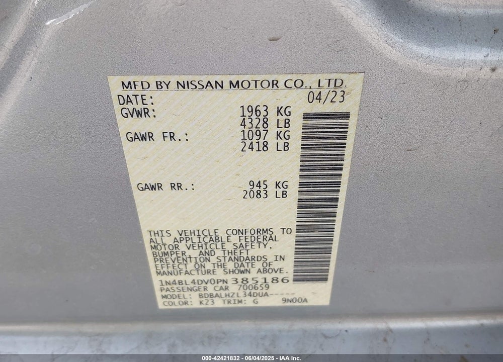 2023 NISSAN ALTIMA VIN: 1N4BL4DV0PN385186