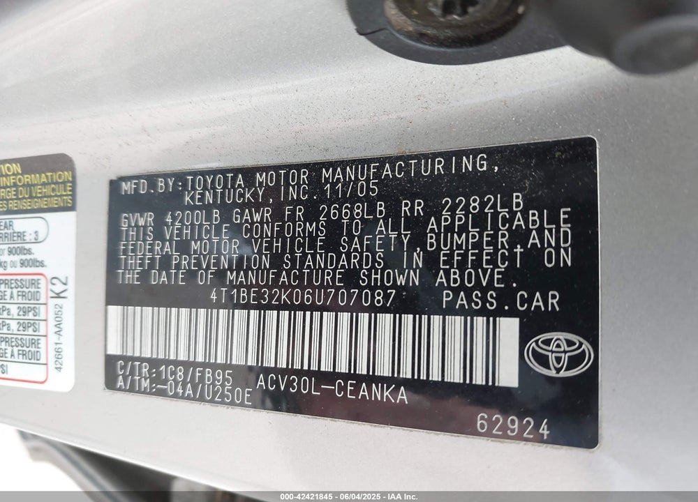 2006 TOYOTA CAMRY VIN: 4T1BE32K06U707087