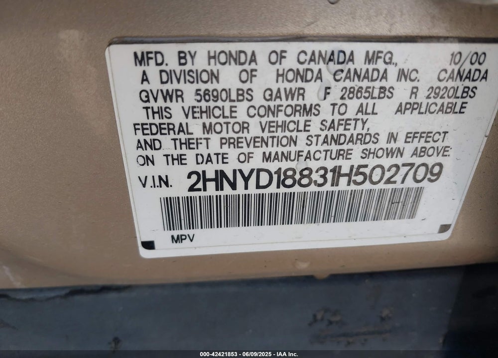2001 ACURA MDX VIN: 2HNYD18831H502709