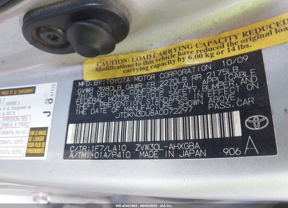 2010 TOYOTA PRIUS IV VIN: JTDKN3DU8A0072297