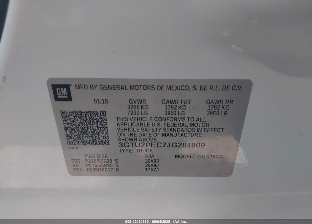 2018 GMC SIERRA 1500 VIN: 3GTU2PEC7JG284909
