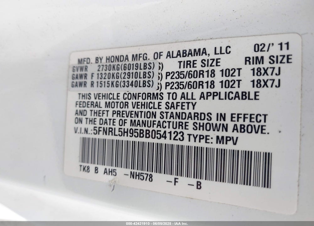 2011 HONDA ODYSSEY VIN: 5FNRL5H95BB054123