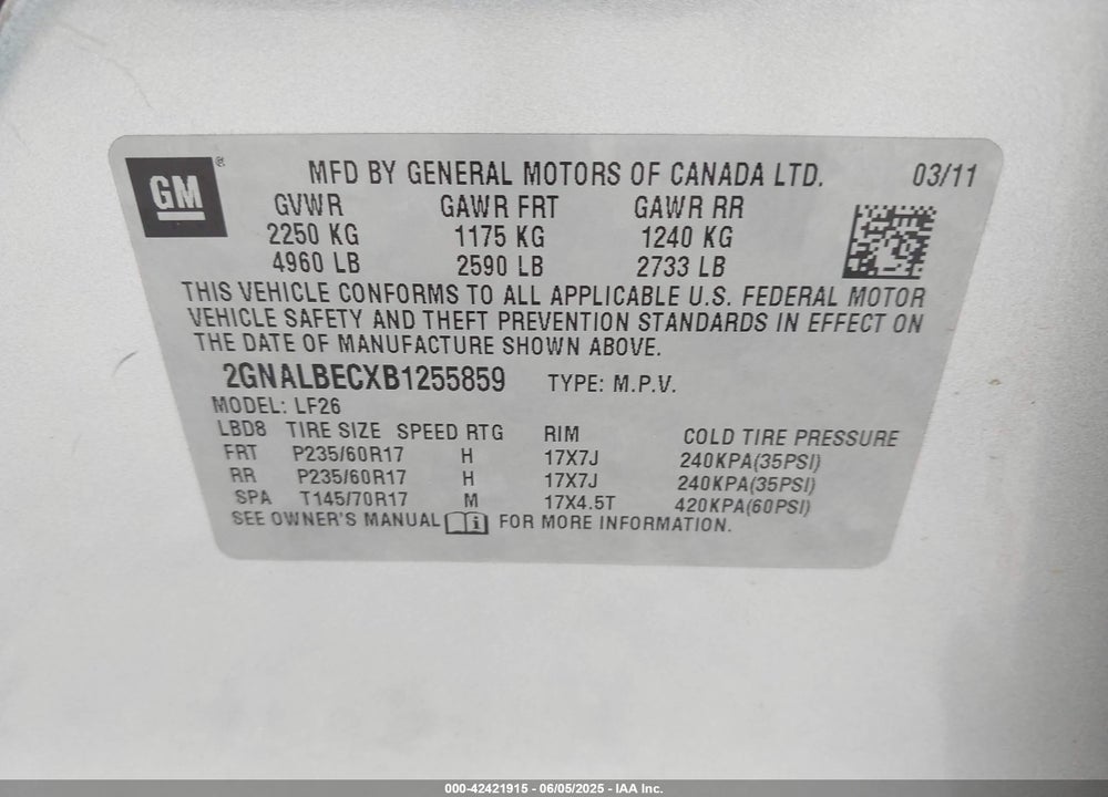 2011 CHEVROLET EQUINOX VIN: 2GNALBECXB1255859