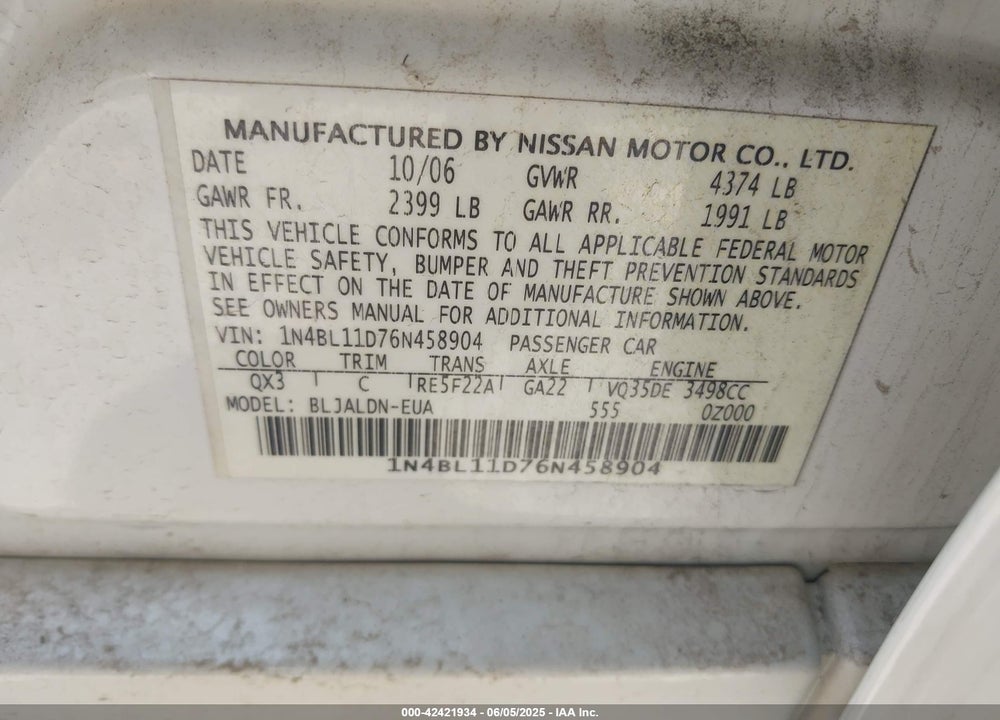 2006 NISSAN ALTIMA 3.5 SL VIN: 1N4BL11D76N458904