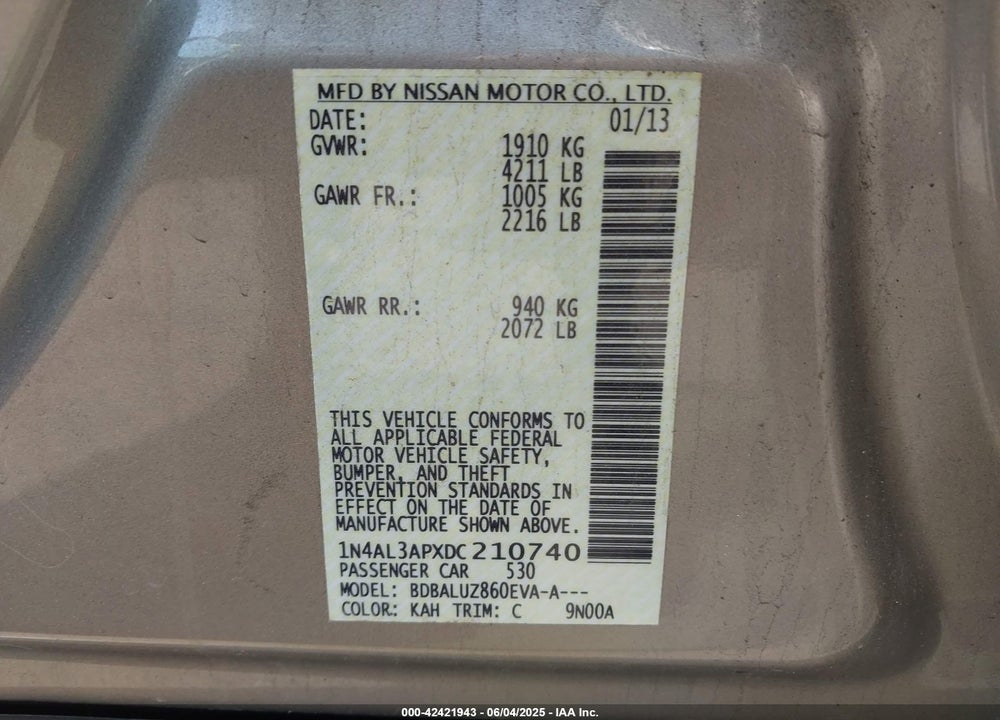2013 NISSAN ALTIMA VIN: 1N4AL3APXDC210740