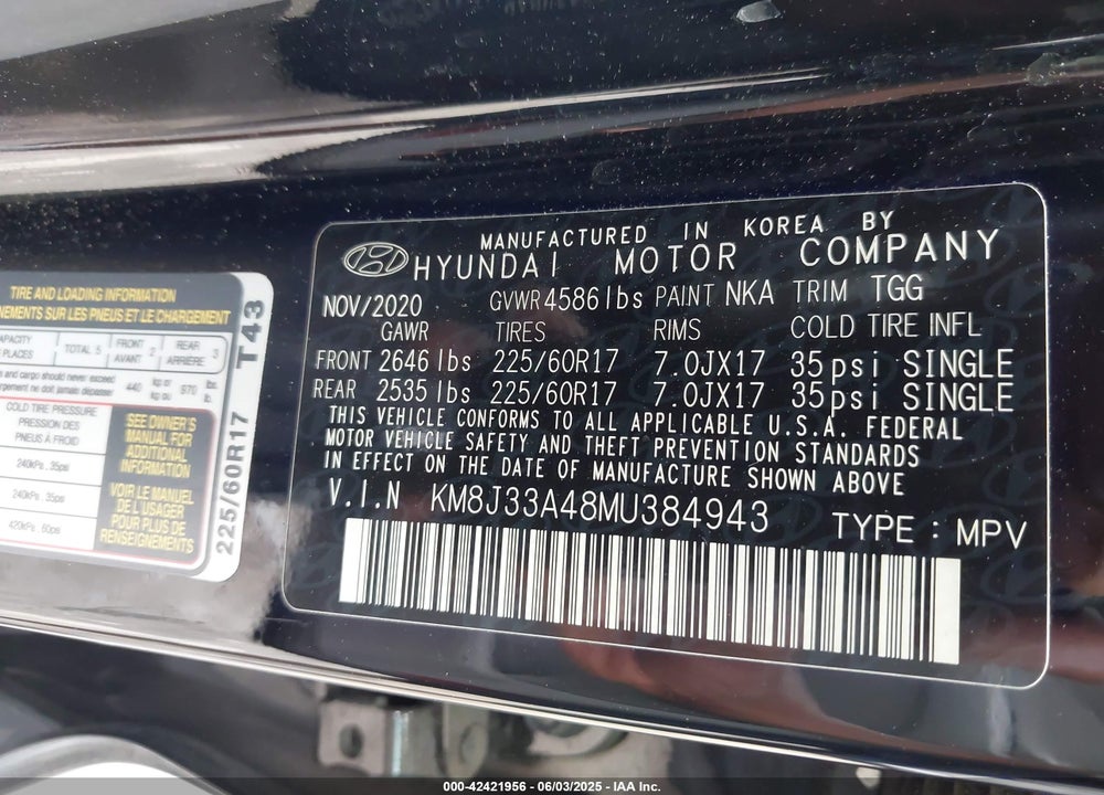 2021 HYUNDAI TUCSON VIN: KM8J33A48MU384943