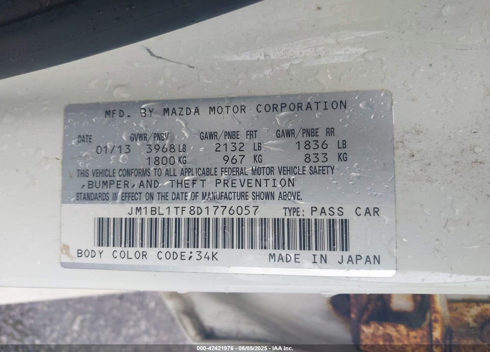 2013 MAZDA 3 I SV VIN: JM1BL1TF8D1776057