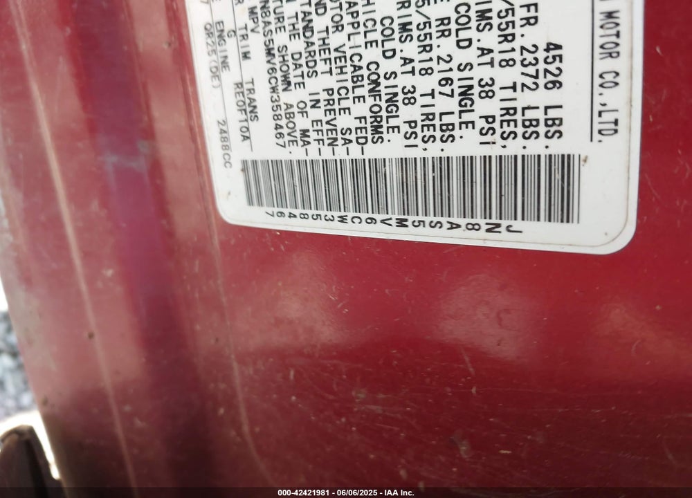 2012 NISSAN ROGUE VIN: JN8AS5MV6CW358467