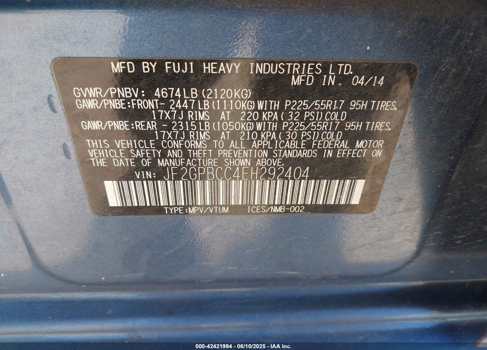 2014 SUBARU XV CROSSTREK HYBRID 2.0I VIN: JF2GPBCC4EH292404