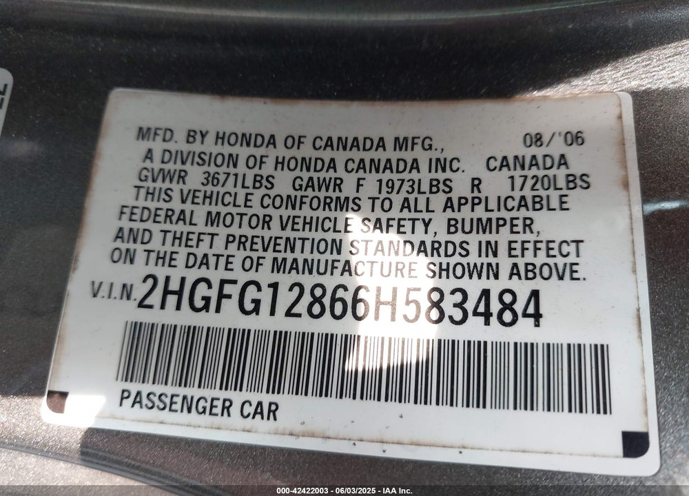 2006 HONDA CIVIC EX VIN: 2HGFG12866H583484