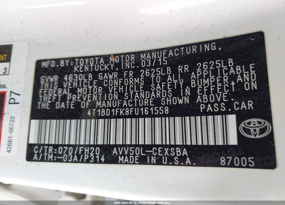 2015 TOYOTA CAMRY HYBRID SE VIN: 4T1BD1FK8FU161558