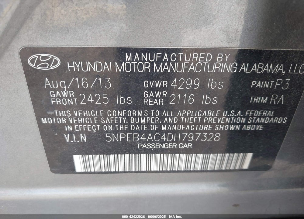 2013 HYUNDAI SONATA GLS VIN: 5NPEB4AC4DH797328